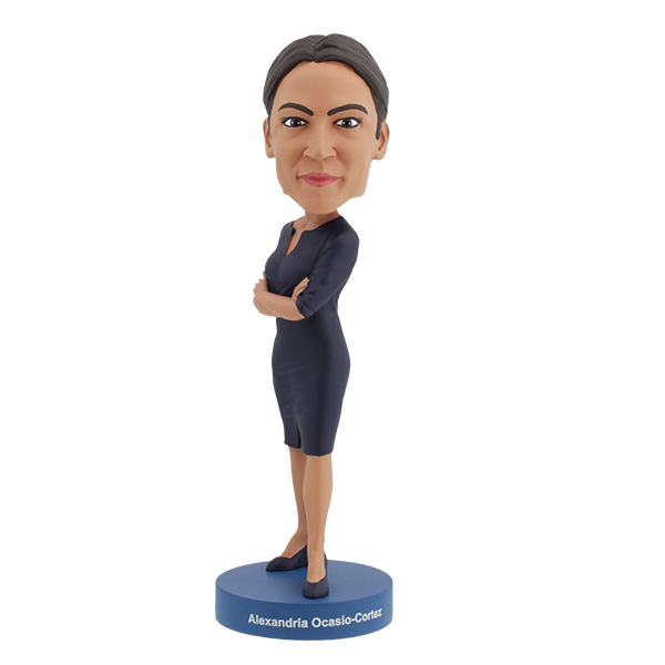 Alexandria Ocasio-Cortez bobblehead displaying intricate details, hand-painted and crafted from heavyweight polyresin with a vibrant finish.