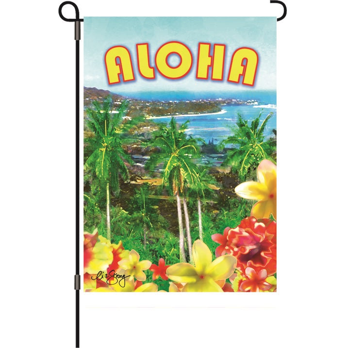 Colorful Aloha Diamond garden flag measuring 12 inches displayed outdoors, featuring a vibrant summer design with tropical diamond patterns.