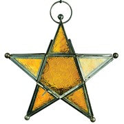 Amber 5-Point Star Hanging Tealight Lantern featuring textured glass and metal accents hanging in a bright indoor space.