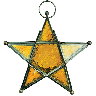 Amber 5-Point Star Hanging Tealight Lantern featuring textured glass and metal accents hanging in a bright indoor space.