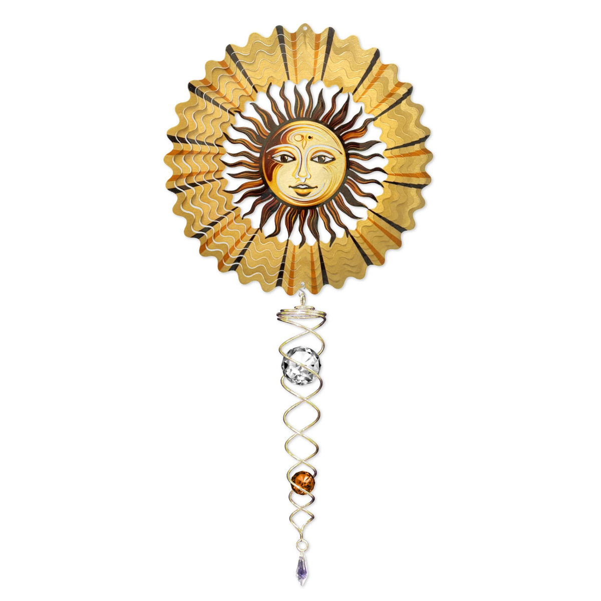 Amber Sun mini set wind spinners featuring a 6.5-inch colorful spinner and a 7.5-inch crystal twister, elegantly displayed in a brightly lit garden.