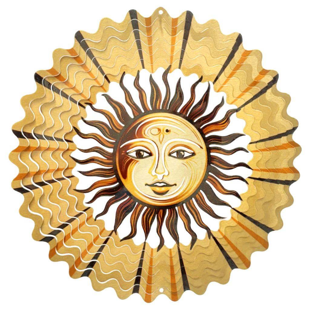 Amber Sun wind spinner, a vibrant 12-inch decorative piece made from stainless steel, spinning gracefully in an outdoor garden setting.