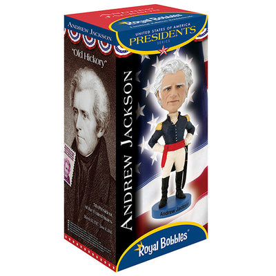 Andrew Jackson v2 Bobblehead crafted from heavyweight polyresin, featuring hand-painted details, displayed on a collector's shelf with a background of books.
