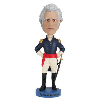 Andrew Jackson v2 Bobblehead crafted from heavyweight polyresin, featuring hand-painted details, displayed on a collector's shelf with a background of books.