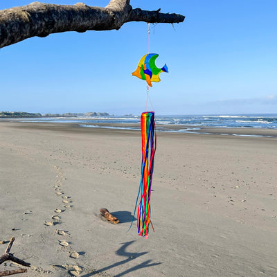 Vibrant Angel Fish & Ribbon Windsock featuring a colorful resin angel fish and shimmering rainbow satin ribbons, swaying in the breeze.