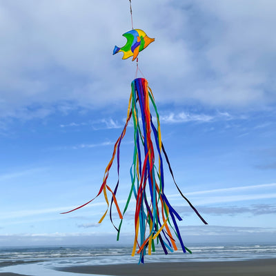 Vibrant Angel Fish & Ribbon Windsock featuring a colorful resin angel fish and shimmering rainbow satin ribbons, swaying in the breeze.