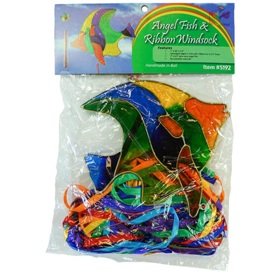 Vibrant Angel Fish & Ribbon Windsock featuring a colorful resin angel fish and shimmering rainbow satin ribbons, swaying in the breeze.