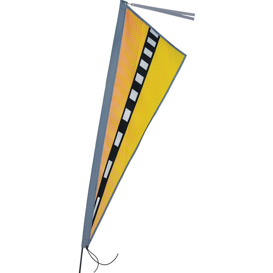 Apex Bike Flag in Mango Fade, measuring 12x39 inches, attached to a bike pole for bright visibility during a ride.