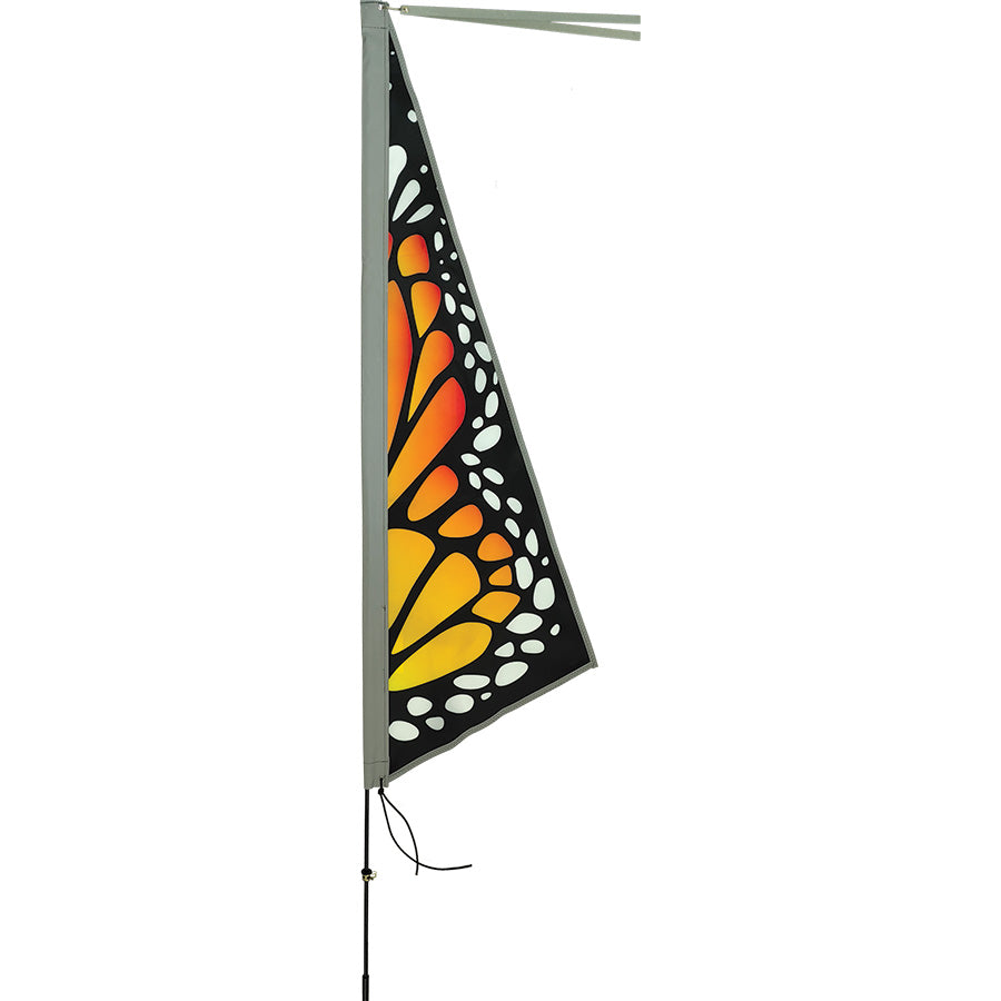 Apex Bike Flag featuring a Monarch Butterfly design on durable SunTex fabric, high visibility reflective binding, and a 6 ft. pole for enhanced cycling safety.
