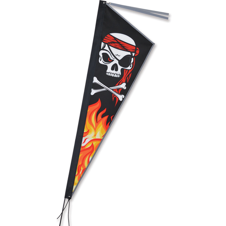 Apex Bike Flag - Pirate Flames displayed on a 6 ft. fiberglass pole, showcasing vibrant colors and flames for maximum visibility.