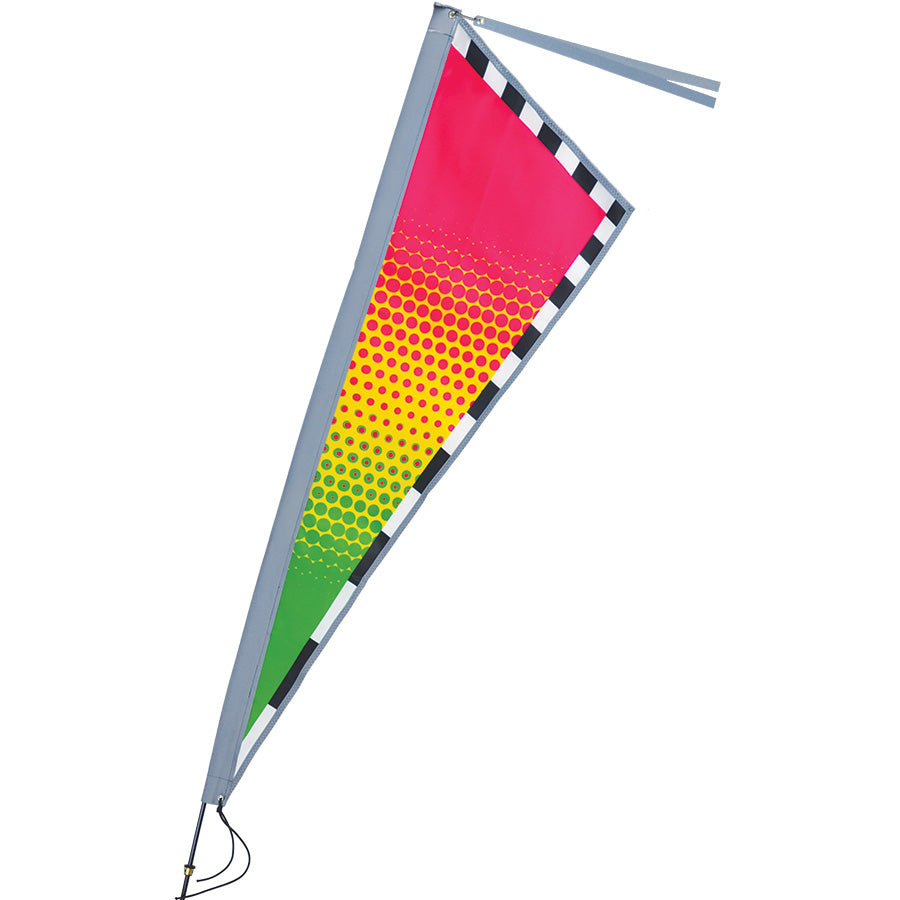 Apex Bike Flag - Tropical Fade displayed on a 6-foot pole, featuring bright tropical colors and reflective elements for increased visibility while cycling.