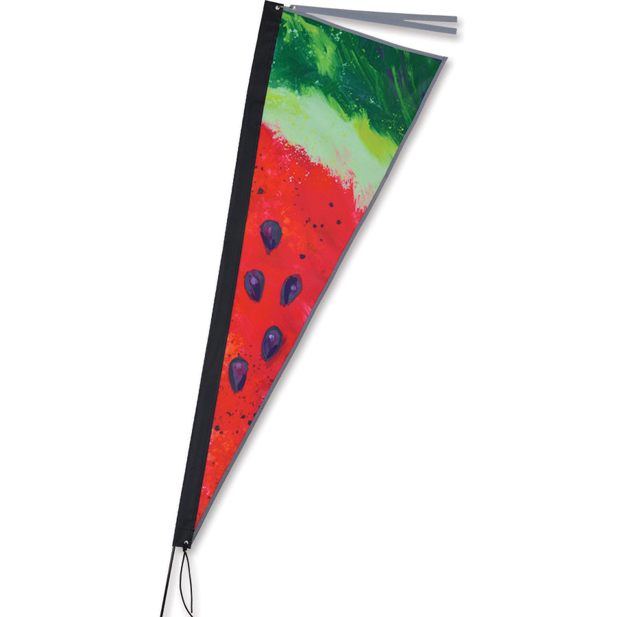 Apex Bike Flag featuring vibrant watermelon design attached to a 6-foot pole, showcasing bright colors and reflective features for enhanced riding safety.