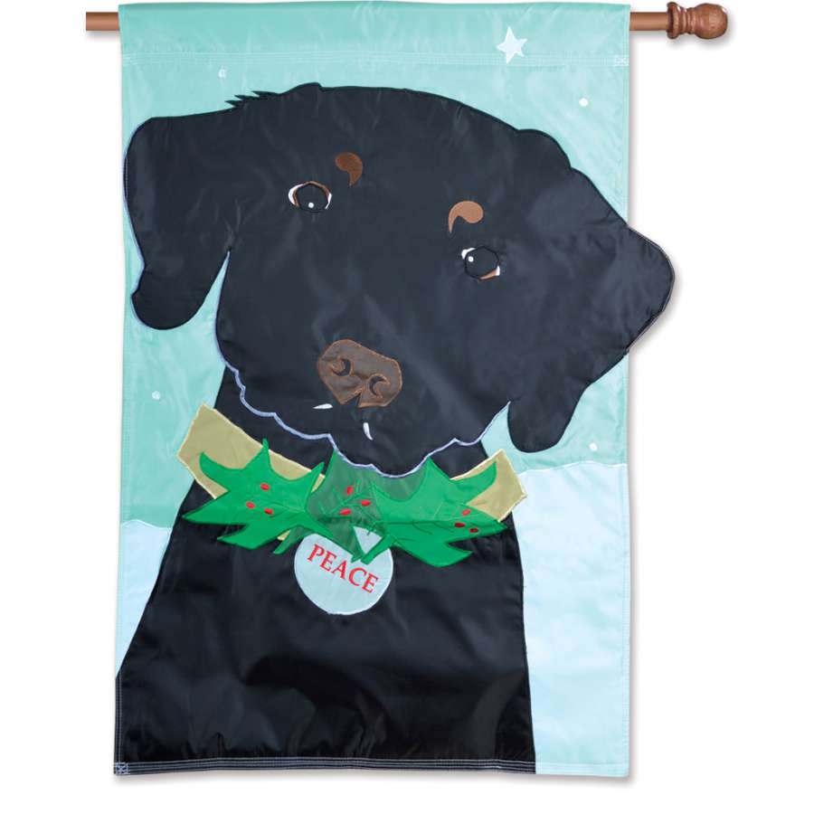 Applique Flag featuring a Christmas-themed black Labrador with the word PEACE, designed for house display in a festive outdoor setting.