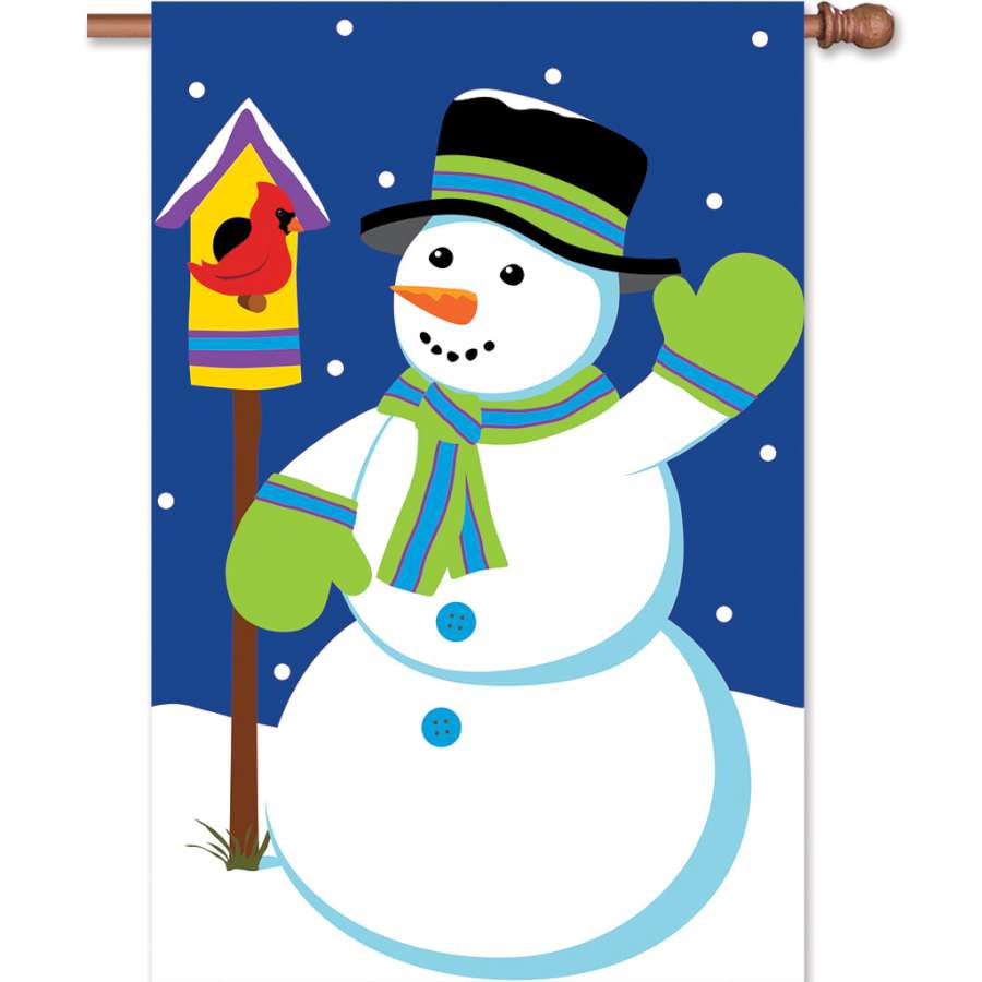 Applique Flag - Snowman features a whimsical snowman design, vibrant colors, double-sided display, suitable for winter-themed outdoor decor.