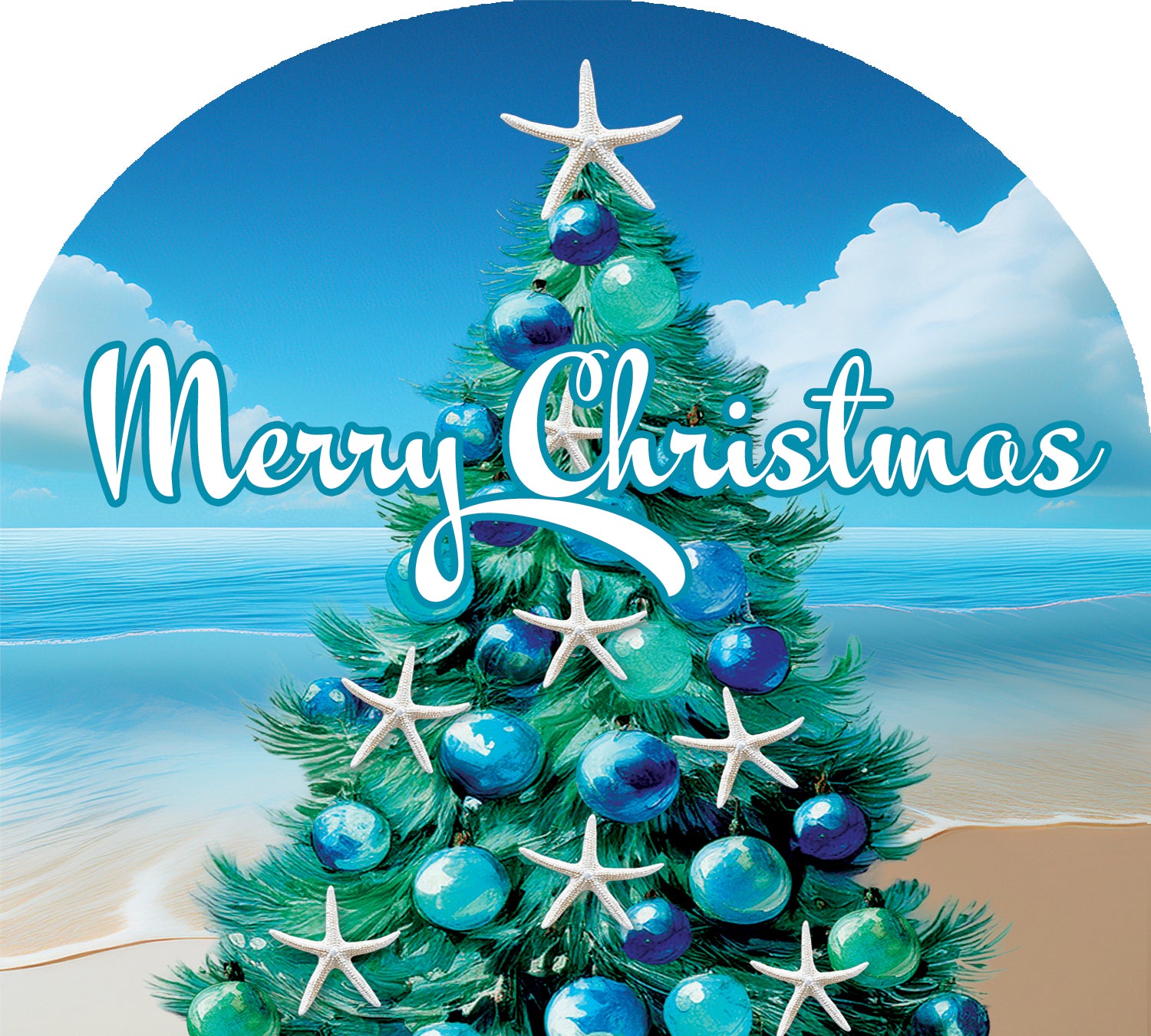 Arbor Mate-Beach Tree PVC decorative panel displayed in a garden setting, showcasing a colorful beach-themed design.