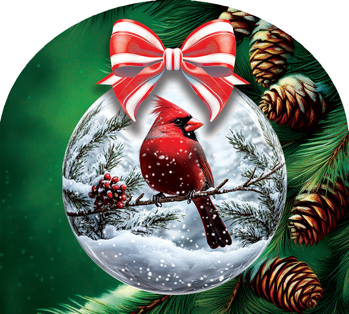 Arbor Mate-Cardinal Ornament featuring a beautiful cardinal design displayed in an outdoor garden setting, measuring 9.25x7.5 inches.