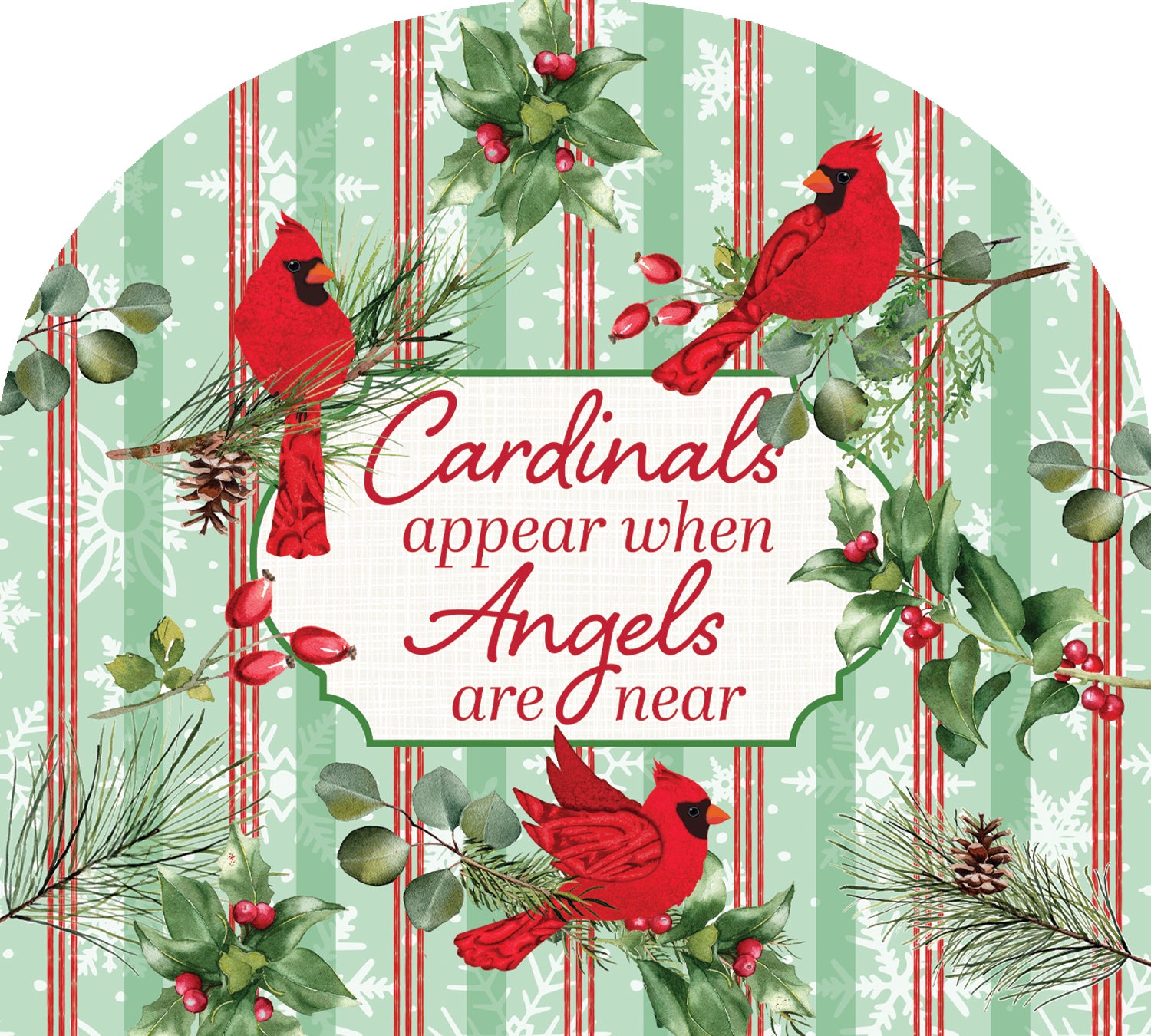 Arbor Mate-Cardinal Stripes decorative garden panel showcasing a cardinal design displayed on an Arbor Mate holder in a serene garden setting.