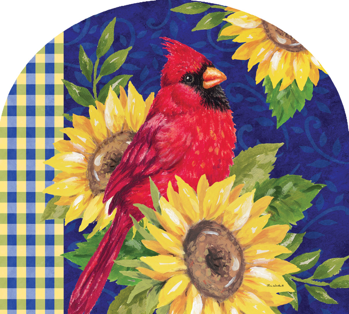 Arbor Mate-Cardinal and Sunflowers decorative panel showcasing a cardinal surrounded by sunflowers displayed in a garden setting.
