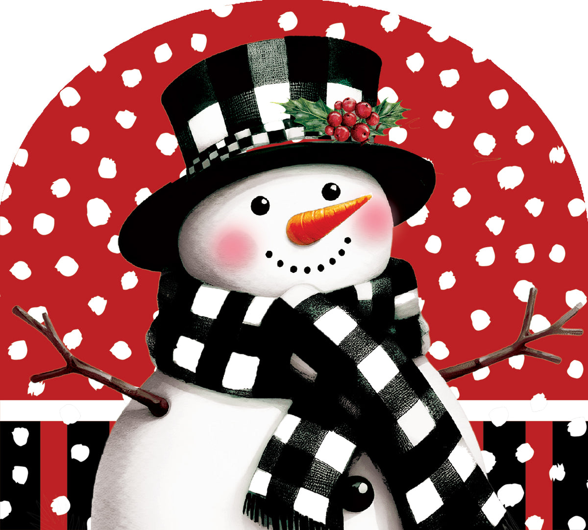 Arbor Mate Checkered Snowman decor panel made of durable PVC, featuring a colorful snowman design displayed in a winter garden setting.
