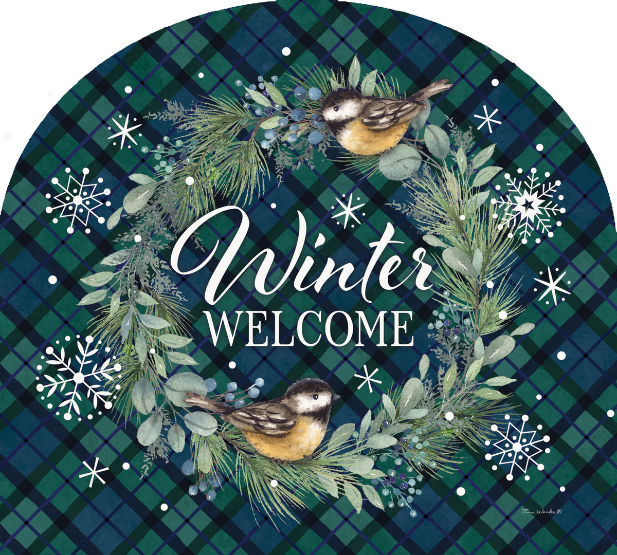 Arbor Mate-Chickadee Wreath measuring 22 inches, displaying chickadee birds amidst winter foliage, perfect for seasonal decoration.