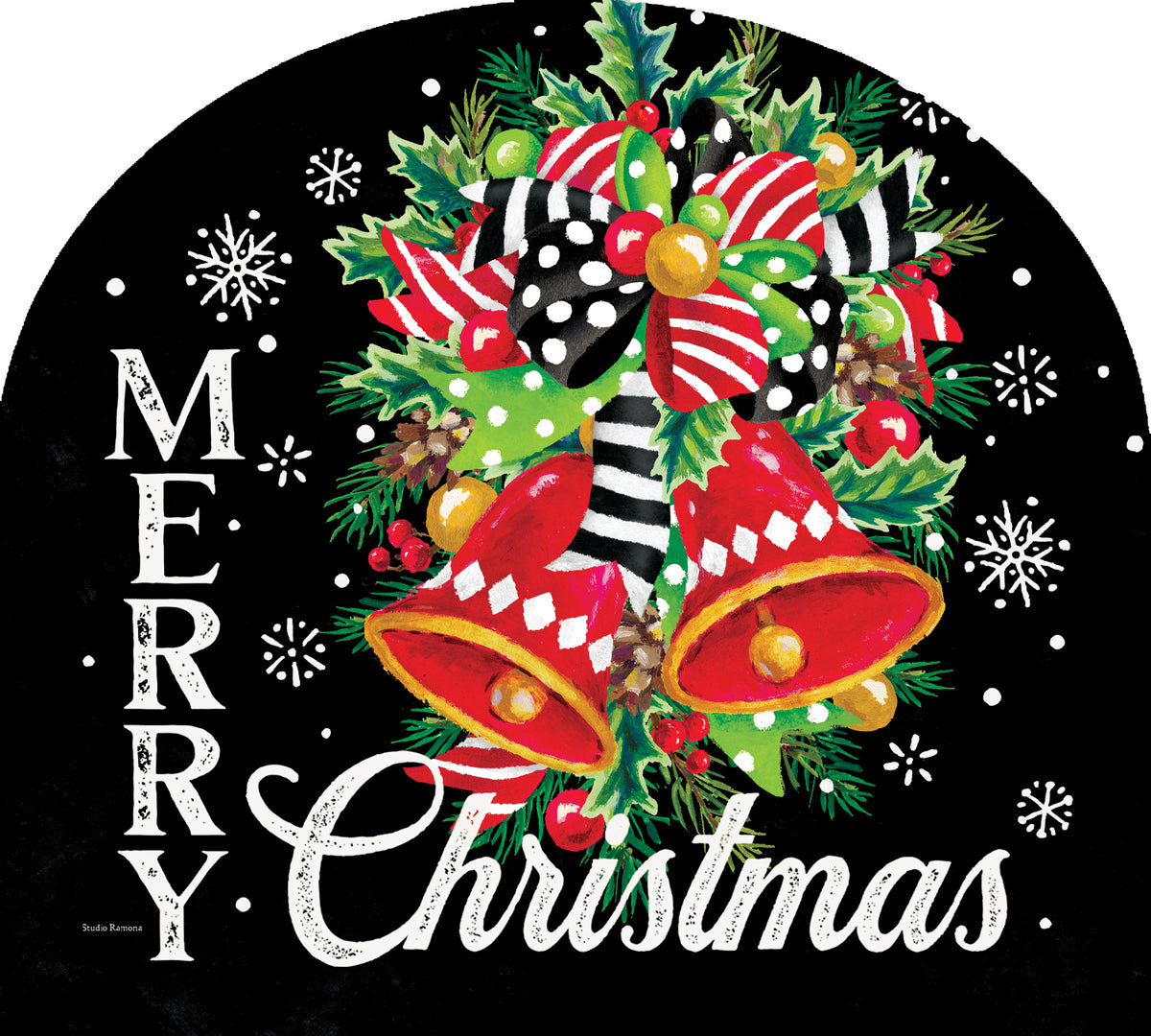 Arbor Mate-Christmas Bells decorative panel displayed in a festive outdoor garden setting, featuring bright colors and classic Christmas bell imagery.