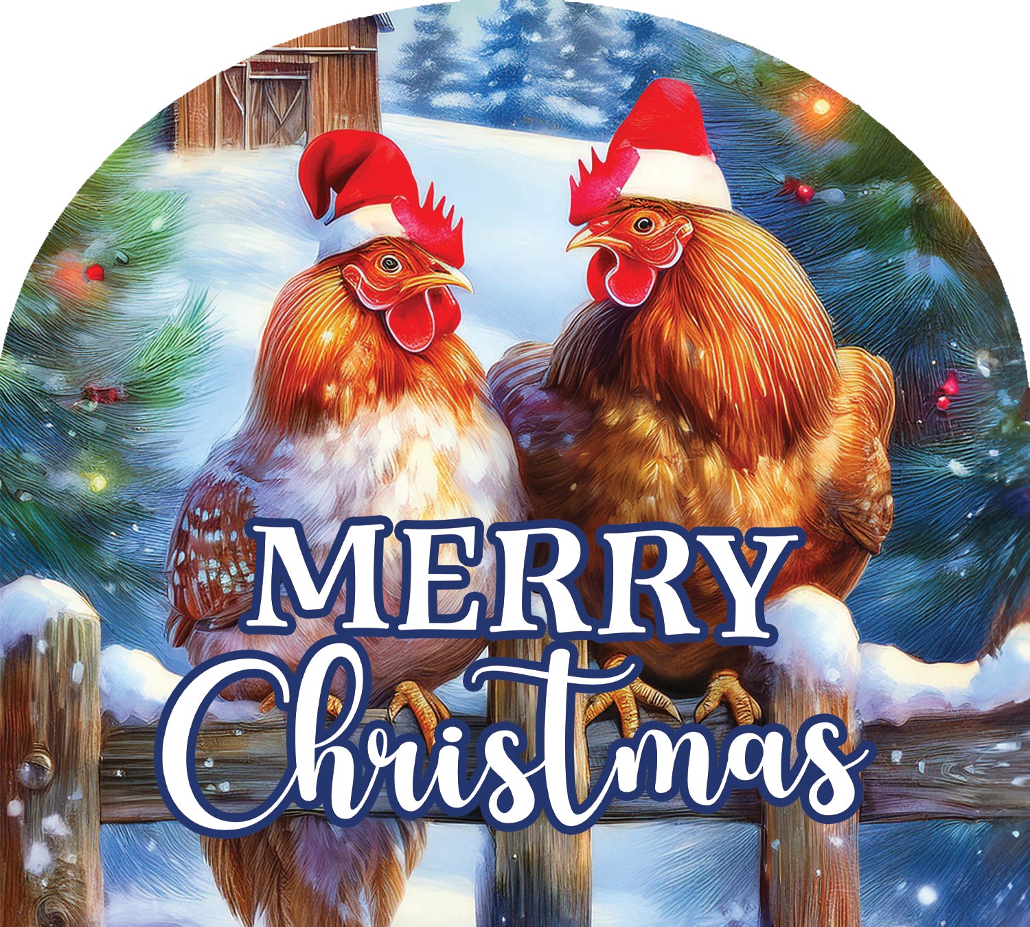 Arbor Mate Christmas Chickens decoration, 9.25x7.5 PVC panel, featuring whimsical chickens in festive attire displayed in a garden setting.