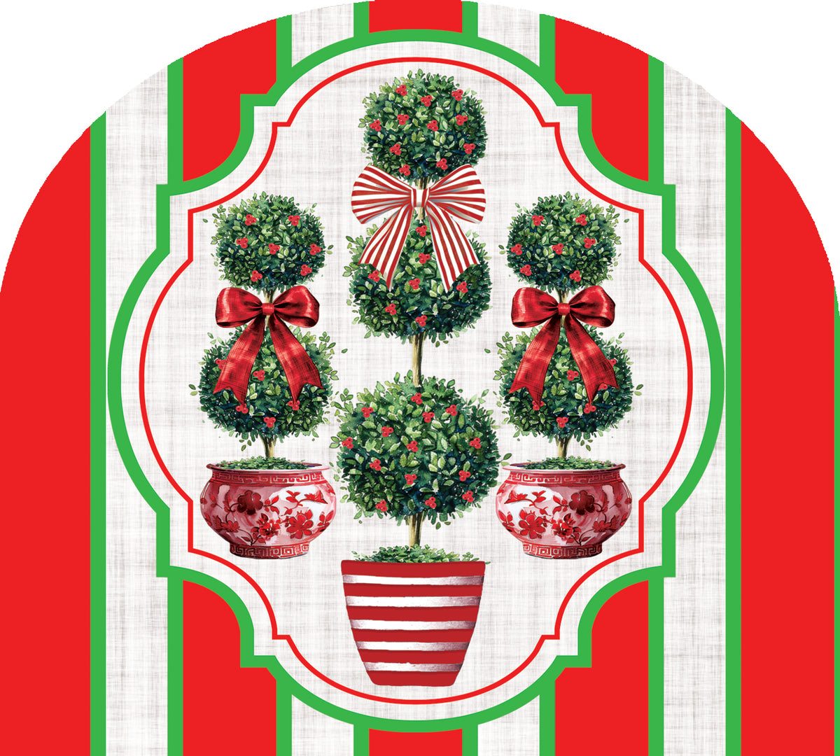 Arbor Mate-Christmas Topiaries in vibrant colors displayed in a decorative holder in a festive outdoor garden setting.