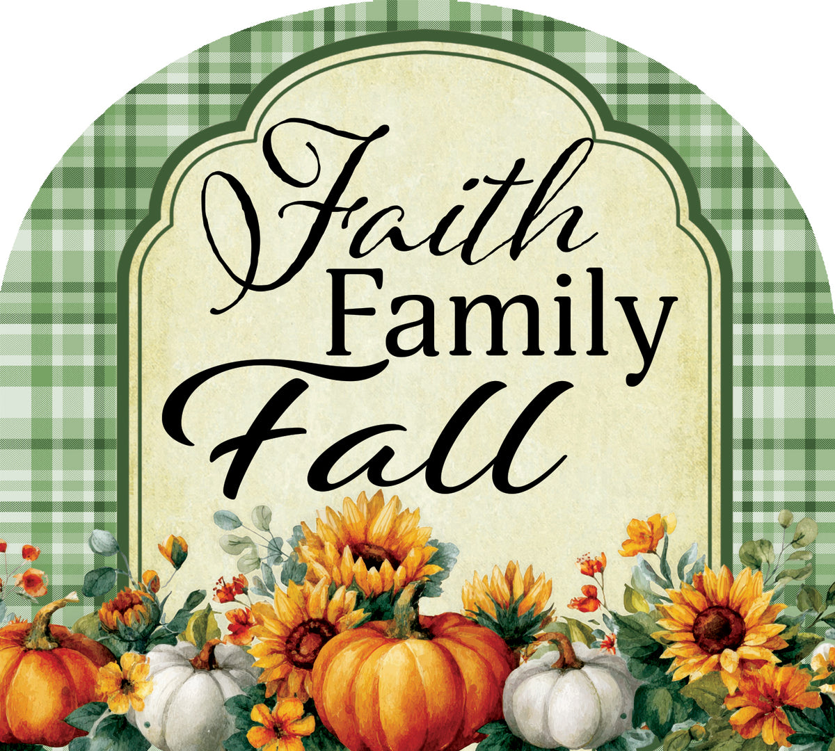 Arbor Mate-Faith Family Fall panel displayed in a garden setting, featuring autumn colors and a heartfelt design emphasizing family and faith.