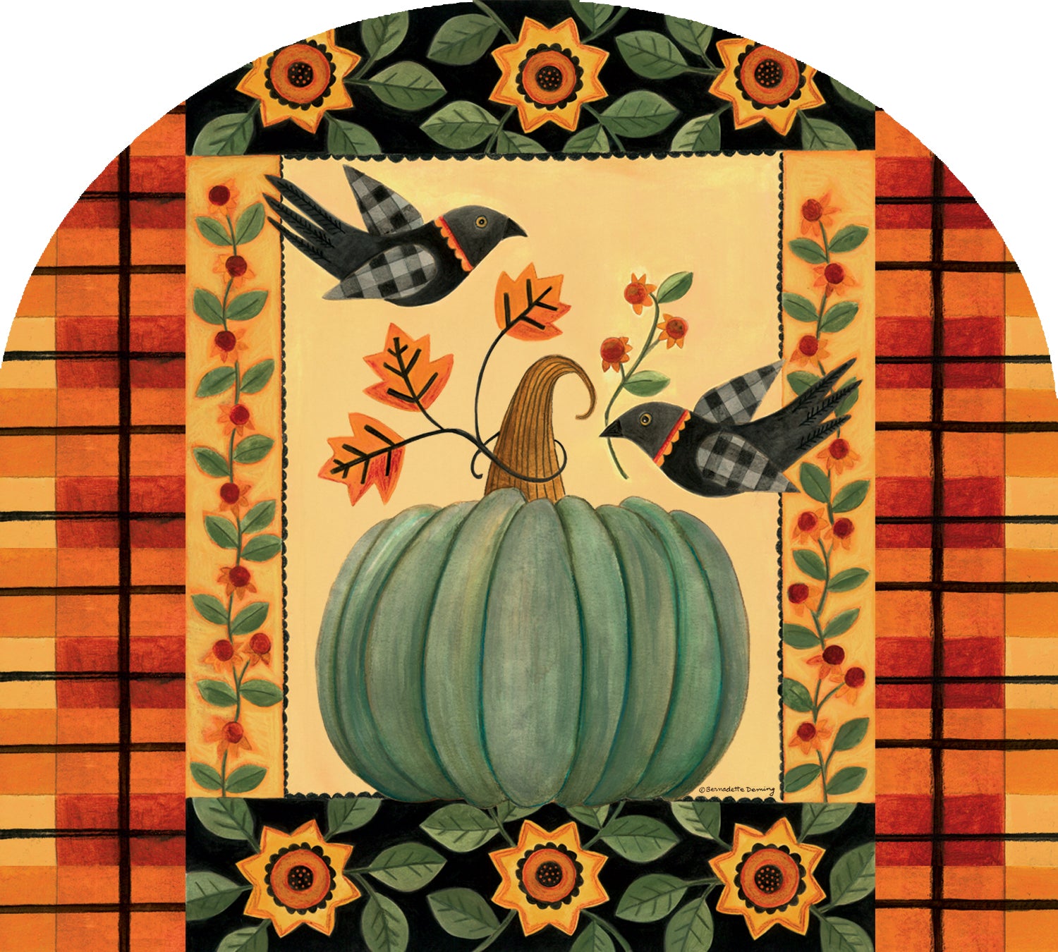 Arbor Mate-Folk Art Pumpkin decorative panel, measuring 9.25x7.5 inches, showcased in an outdoor garden setting.