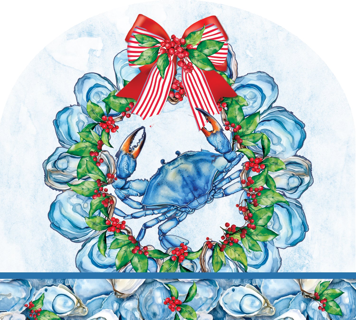 Arbor Mate-Oyster Crab Wreath featuring a colorful oyster crab design, displayed on a door to showcase coastal holiday decor.