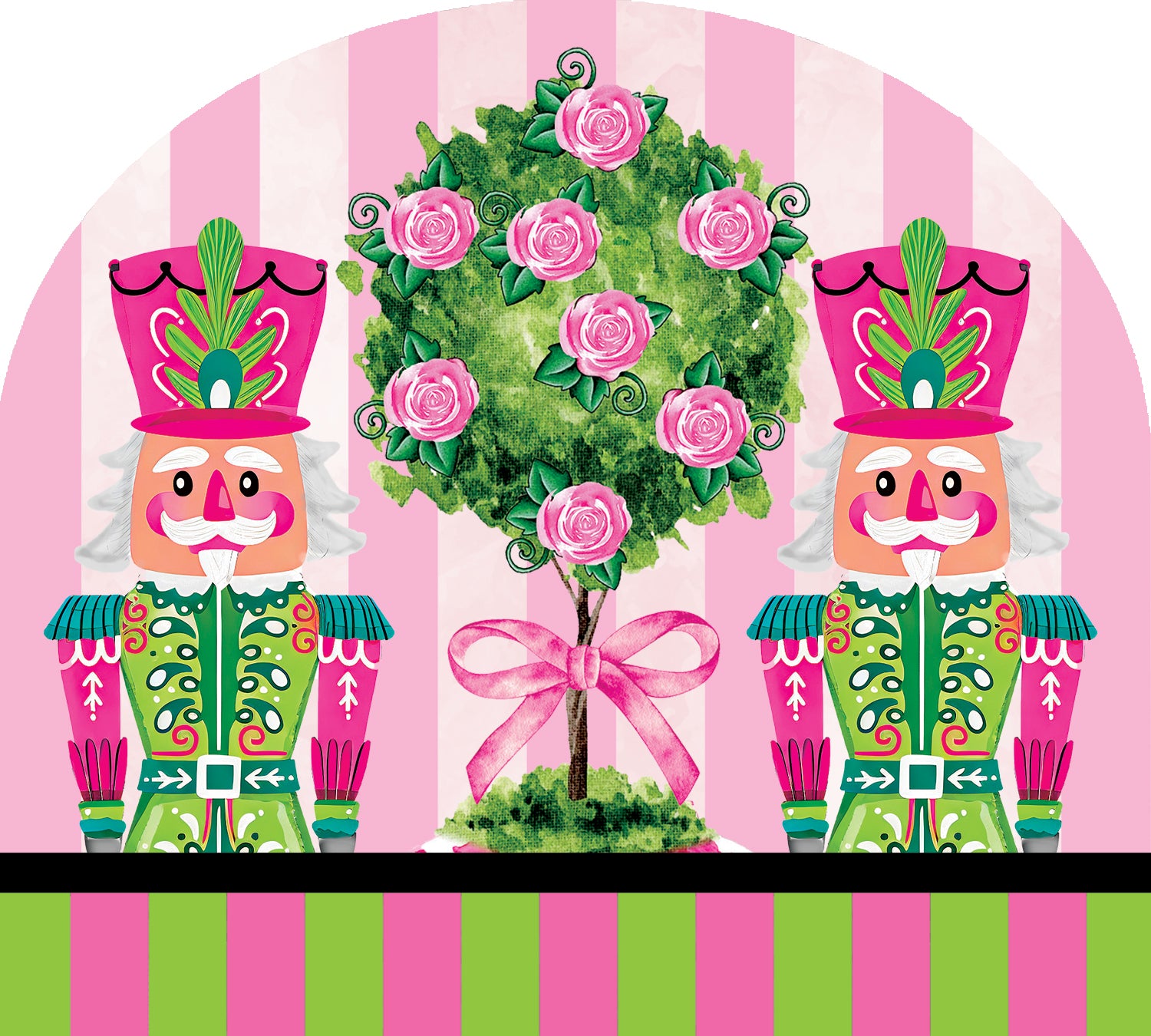 Arbor Mate Pink-Green Nutcrackers displayed in a garden, showcasing their colorful design and interchangeable features for festive outdoor decor.