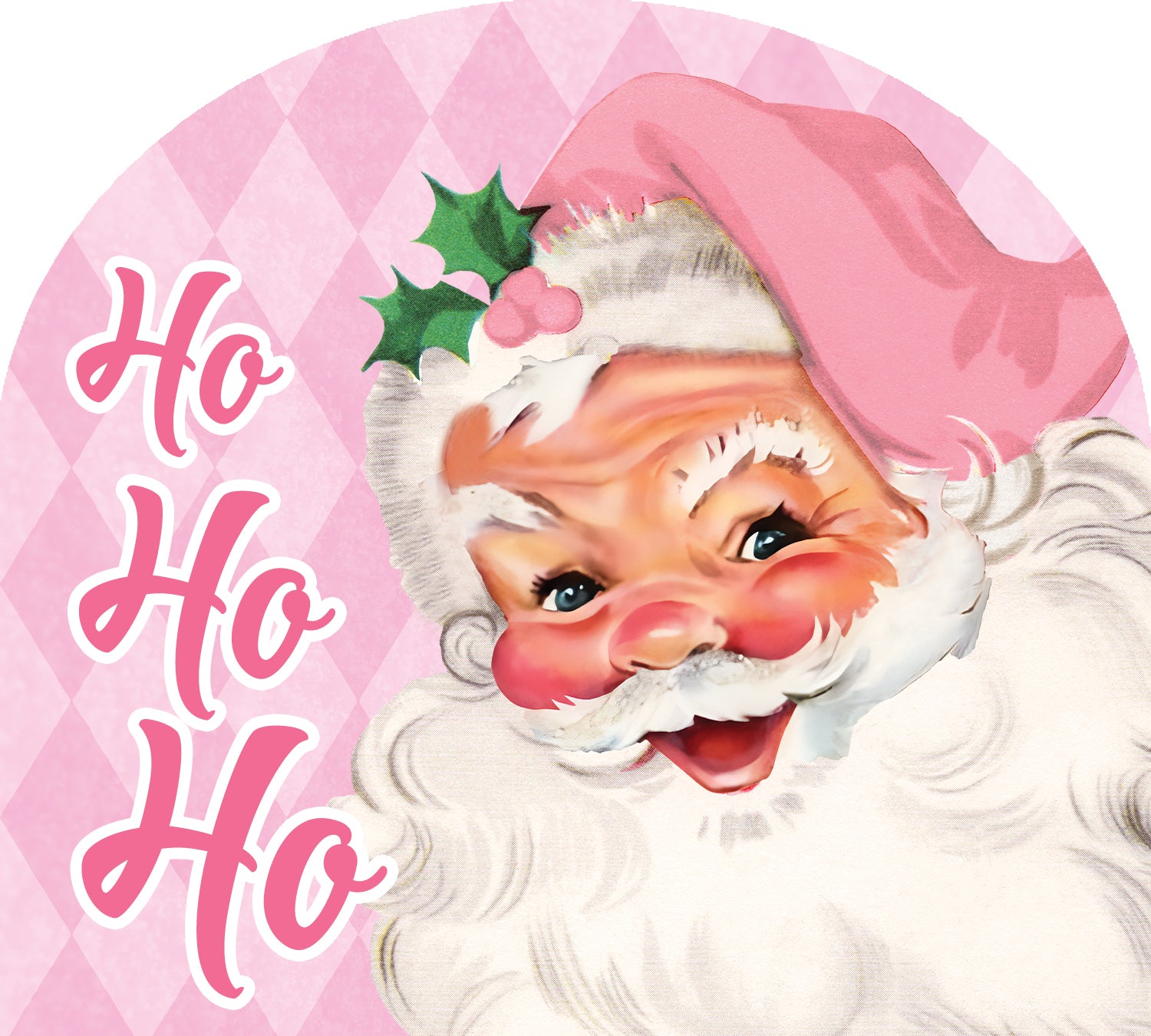 Arbor Mate-Pink Santa garden panel featuring a cheerful pink Santa design displayed outdoors in a decorative holder during the Christmas season.