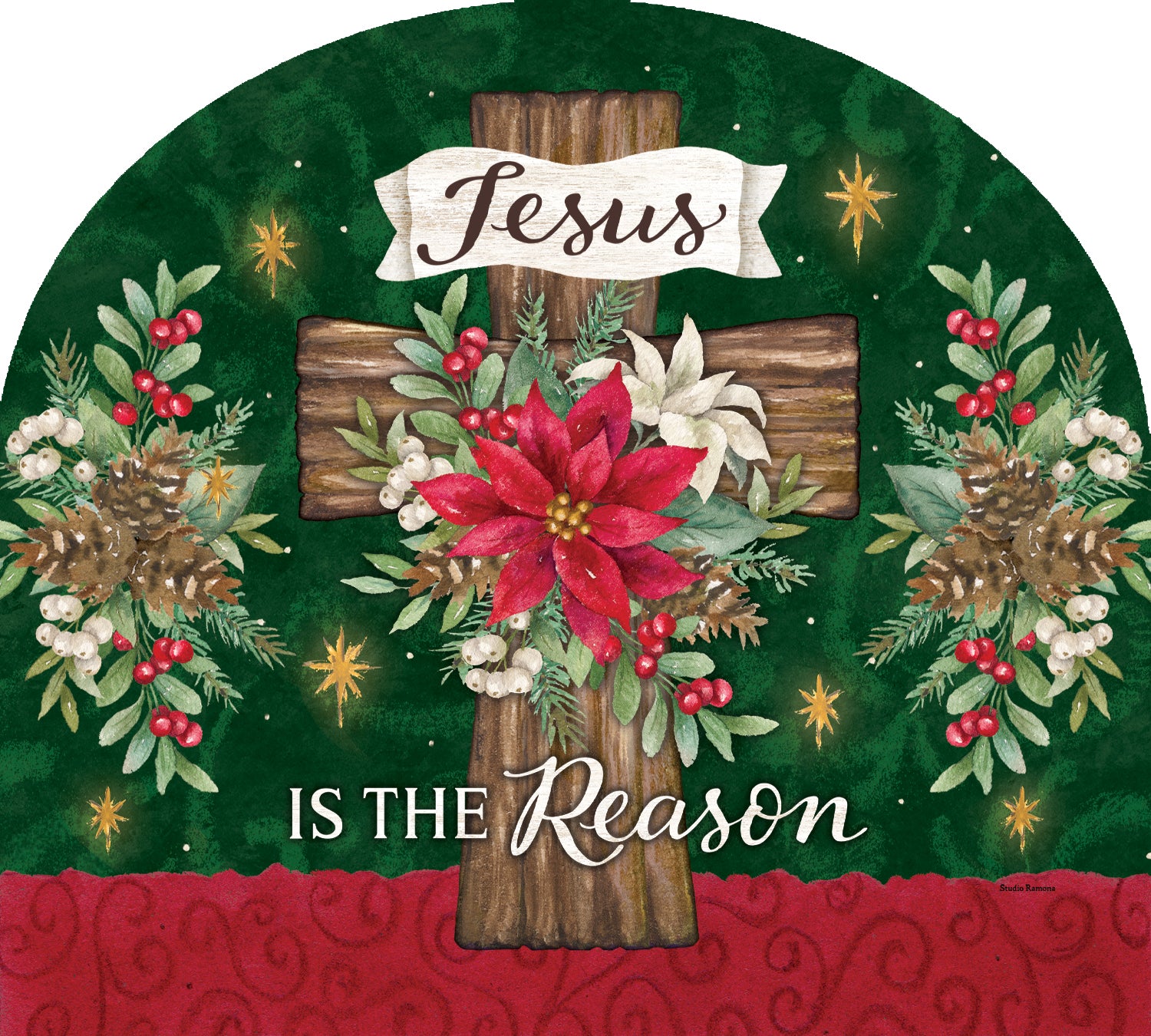Arbor Mate-Poinsettia Cross, a 9.25x7.5 inch PVC garden decoration featuring a festive poinsettia design set against a serene outdoor backdrop.