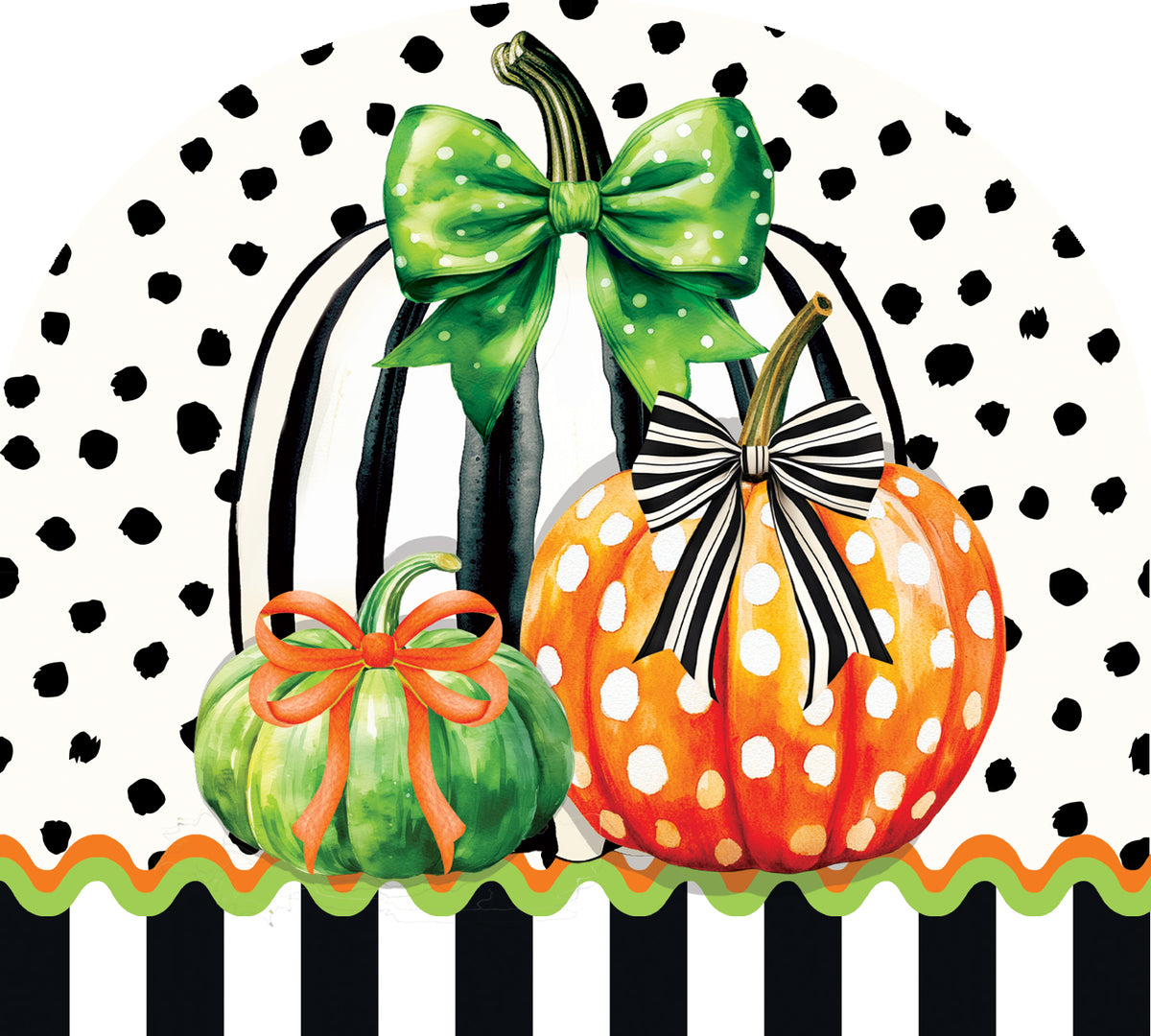 Arbor Mate-Pumpkin Stripes panel displayed in a garden, featuring decorative pumpkin stripe design, showcasing seasonal fall decor.