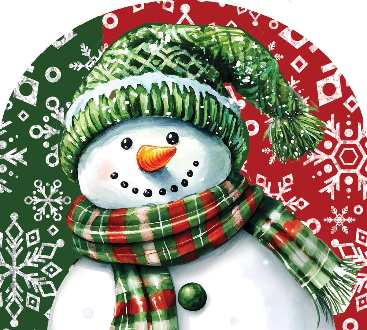 Arbor Mate Red and Green Snowman decoration measuring 18x24 inches with a bright red scarf and green hat displayed in a snowy outdoor setting.