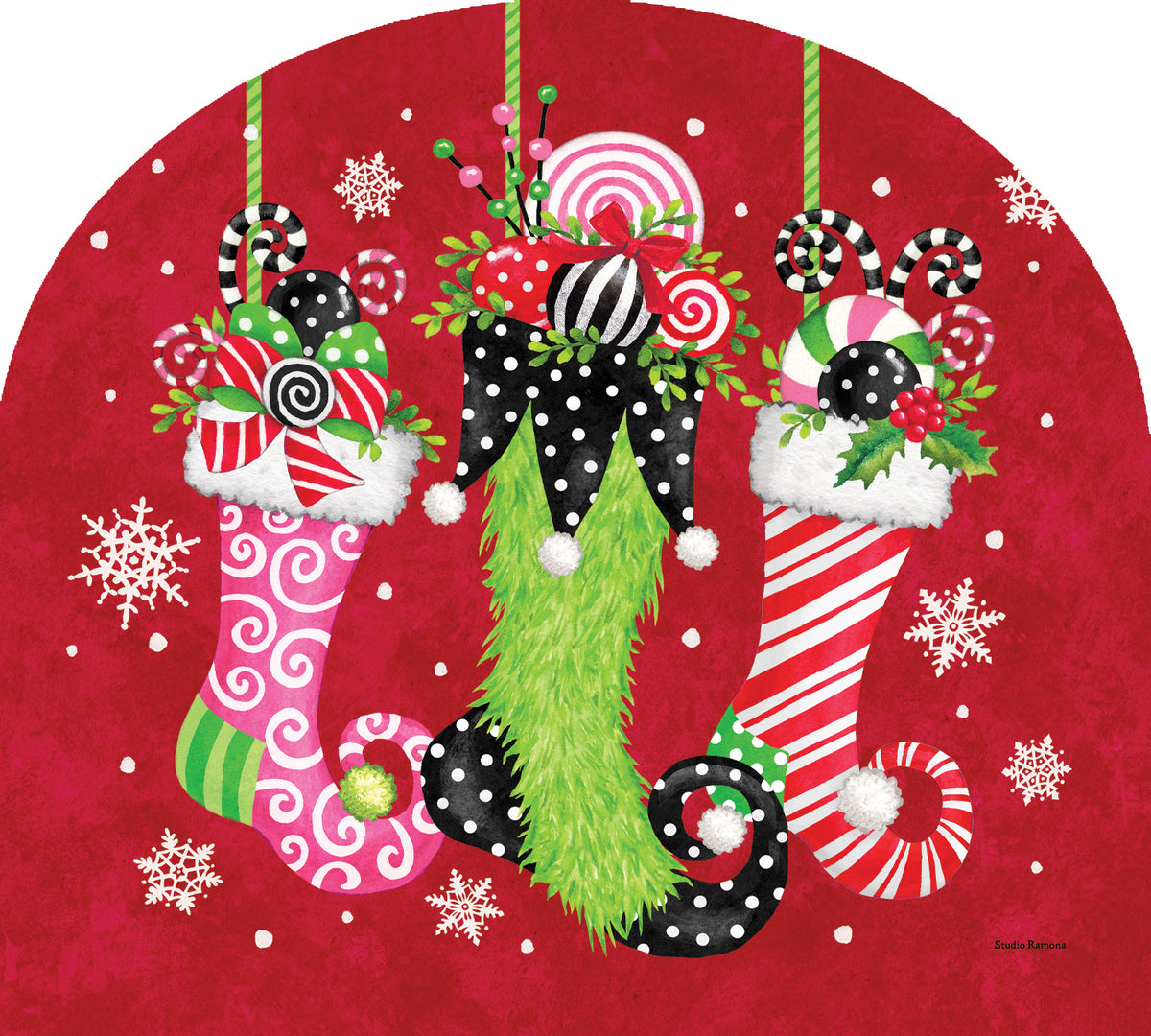Arbor Mate-Whimsical Stockings in a vibrant design, displaying how they brighten up a front yard or garden during the holiday season.