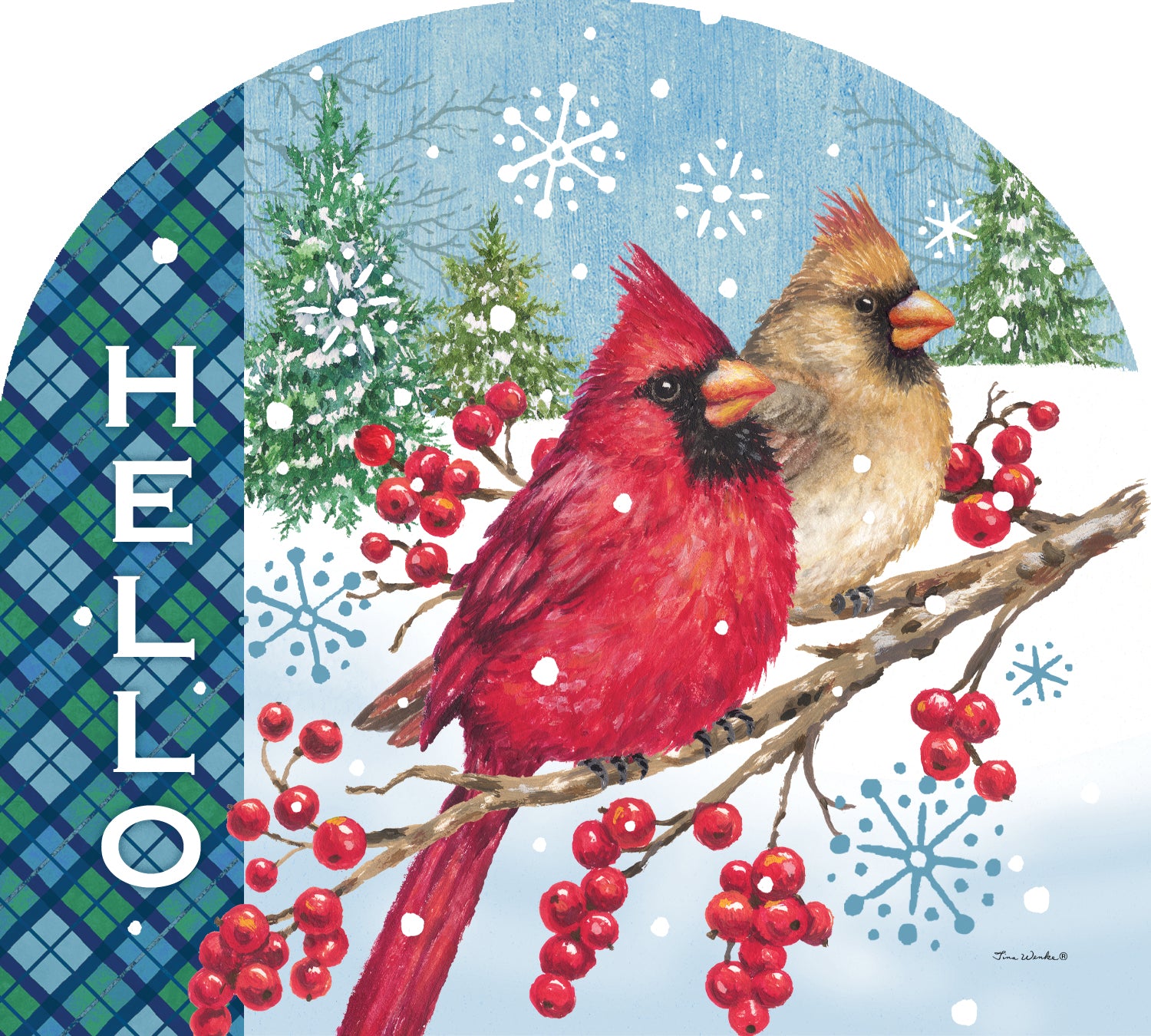 Arbor Mate-Winter Cardinal decorative panel featuring a vibrant cardinal design on a snow-covered branch displayed outdoors.
