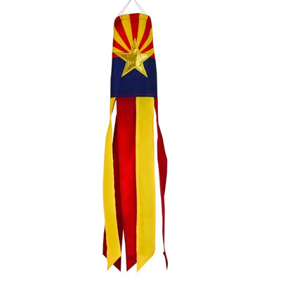 Arizona 18" windsock displaying vibrant flag design with colorful tails, fluttering in a gentle breeze in an outdoor garden setting.