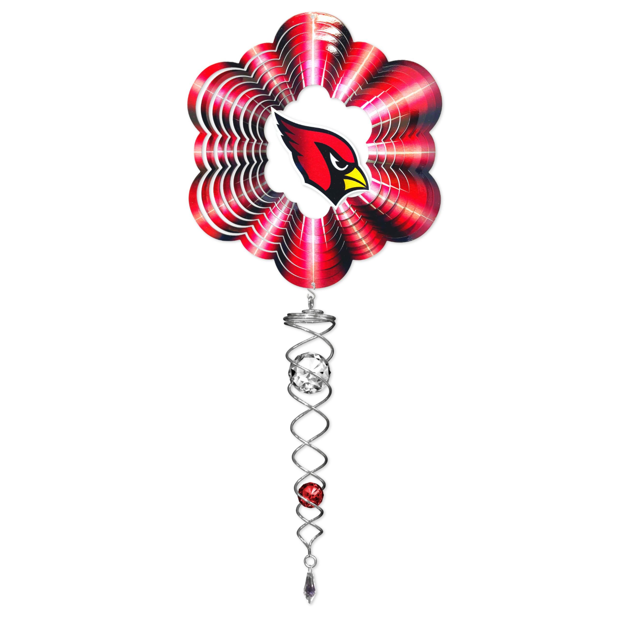 Arizona Cardinals NFL Mini Set with a 6.5-inch wind spinner and 7.5-inch crystal twister displayed outdoors, showcasing vibrant team colors.