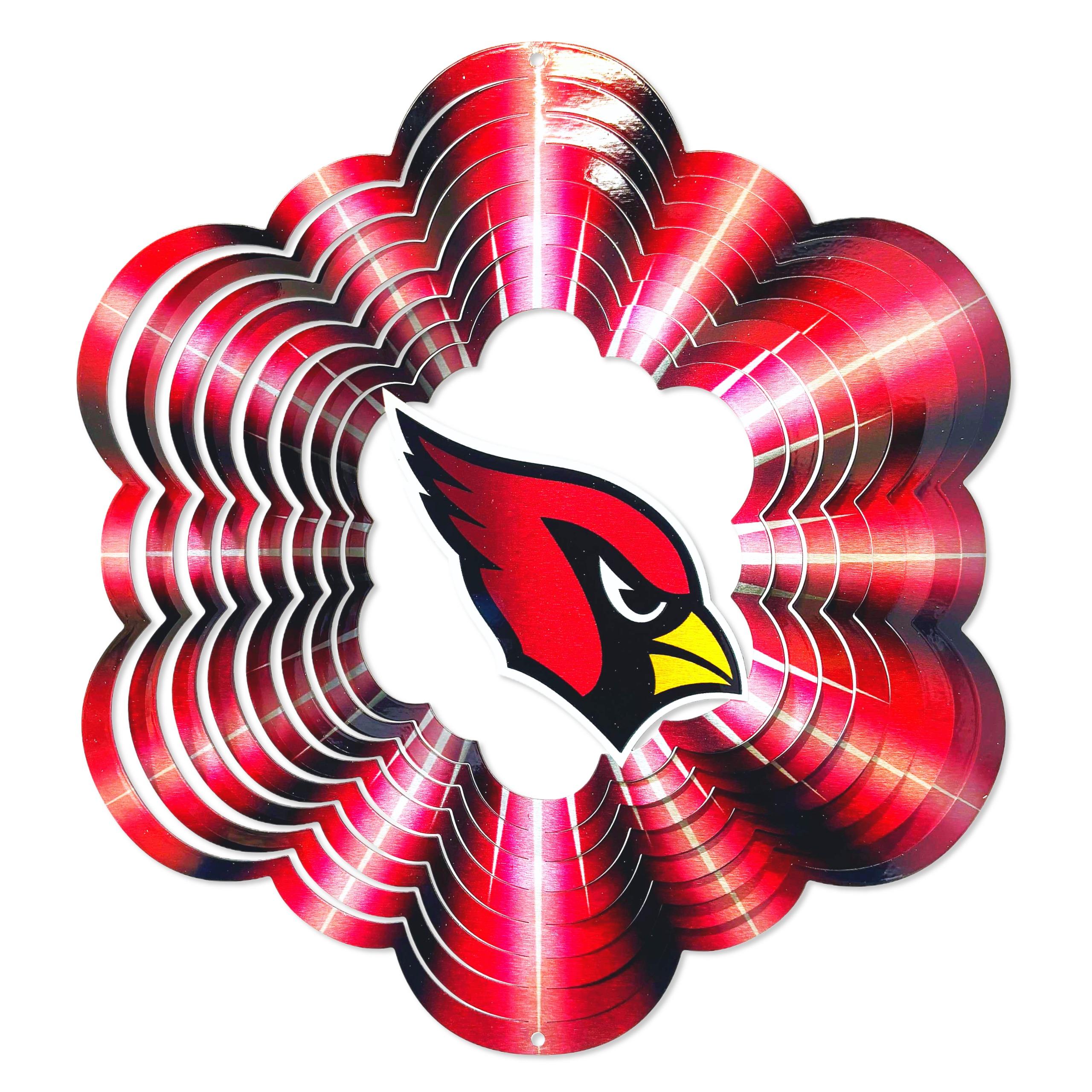 Arizona Cardinals 12-inch wind spinner showcasing bold team colors and graphics, displaying motion in a sunny garden setting.