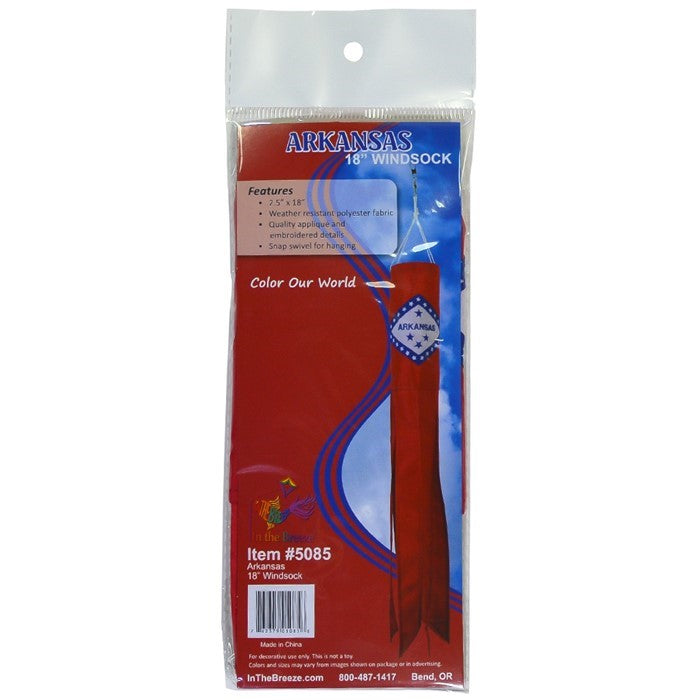 Arkansas 18-inch windsock featuring colorful applique design and embroidered accents, perfect for outdoor decoration or showing state pride.