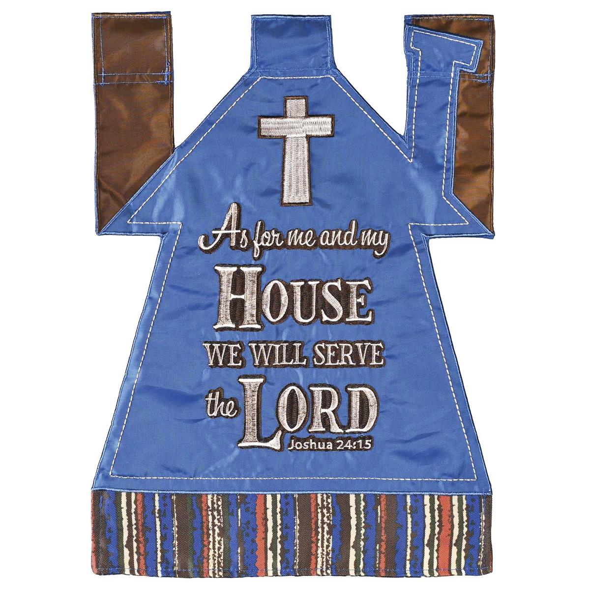 As For Me And My House double-sided garden flag featuring beautifully detailed embroidery and appliques displayed on an outdoor flagpole.