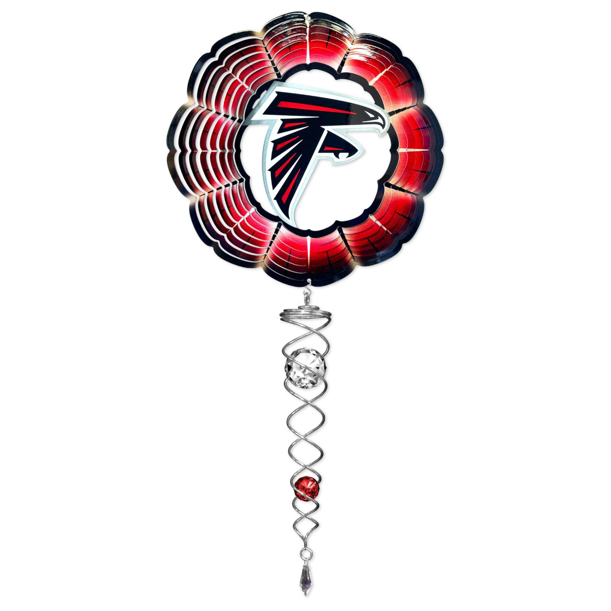 Atlanta Falcons NFL Mini Set including a 6.5-inch wind spinner and a 7.5-inch crystal twister displayed in an outdoor garden setting, showcasing team pride.