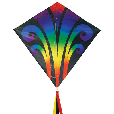 Aurora 30-inch diamond kite featuring vibrant colors and tails, soaring against a clear blue sky, captured in a fun outdoor setting.