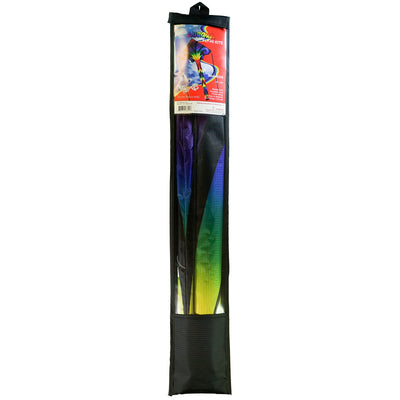 Aurora 46 inch Fly-Hi Kite soaring in a clear sky, featuring colorful printed design and streamer tails, ideal for family outdoor activities.