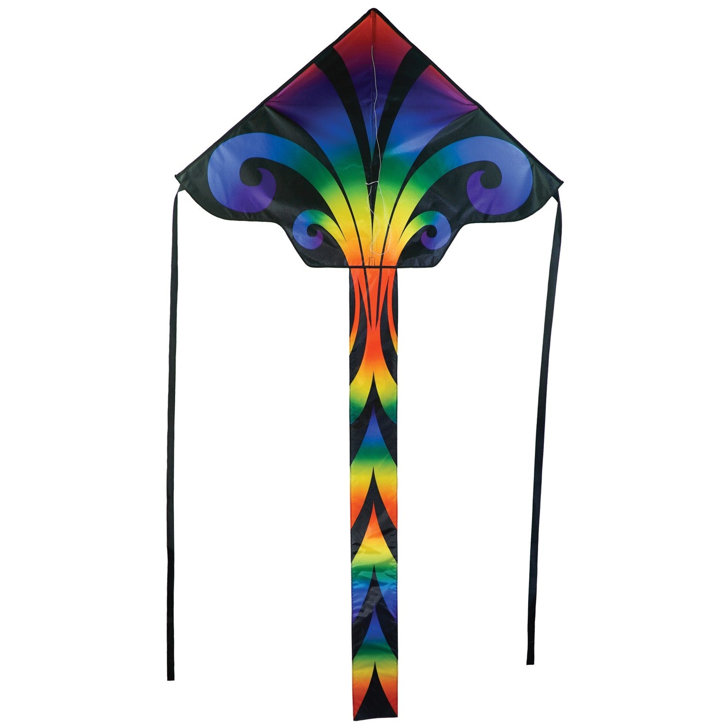 Aurora 46 inch Fly-Hi Kite soaring in a clear sky, featuring colorful printed design and streamer tails, ideal for family outdoor activities.
