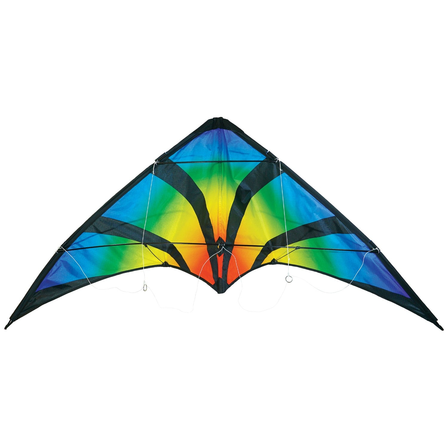 Aurora 48 inch Stunt Kite featuring a brilliant aurora pattern, flying against a clear blue sky in a festive outdoor setting.