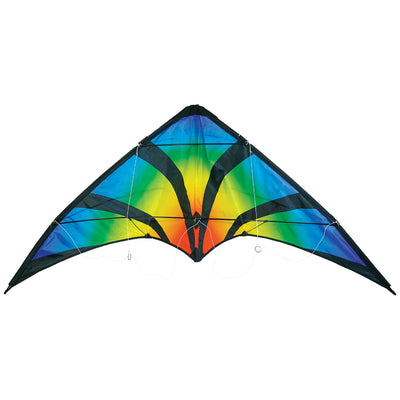 Aurora 48 inch Stunt Kite featuring a brilliant aurora pattern, flying against a clear blue sky in a festive outdoor setting.