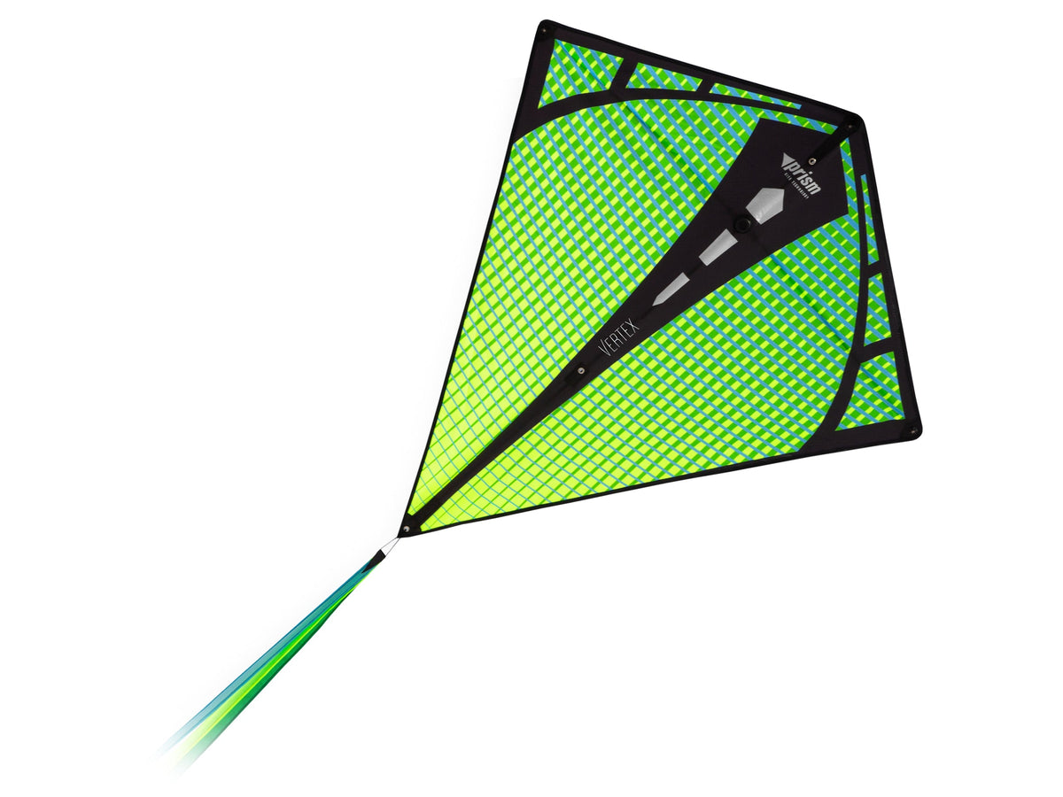 Aurora Prism Vertex diamond kite with green gridded sail and removable triple ribbon tail