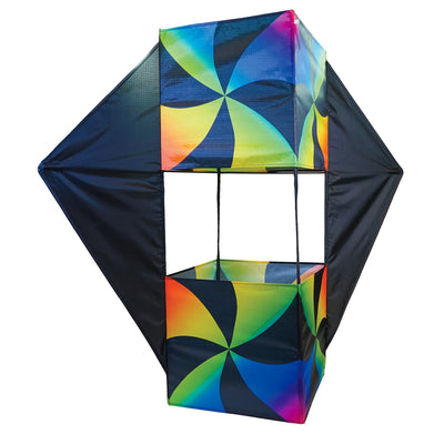 Aurora Winged Double Box Kite soaring high with its vibrant wings against a clear blue sky, showcasing its colorful design during flight.